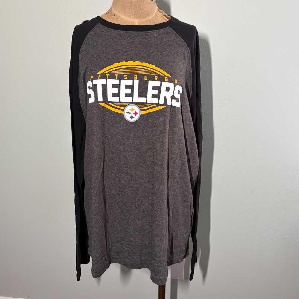 NFL Pittsburgh Steelers Mens 2XL Gray Black Raglan Long Sleeve Shirt